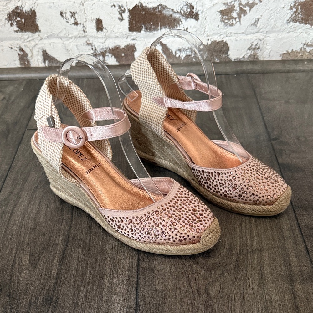 Sara López Pink Espadrille Wedges with Satin Strap and Rhinestones